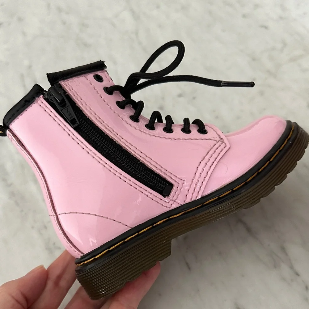 Dr. Martens Pink Patent Lace-Up Side Zip Boots